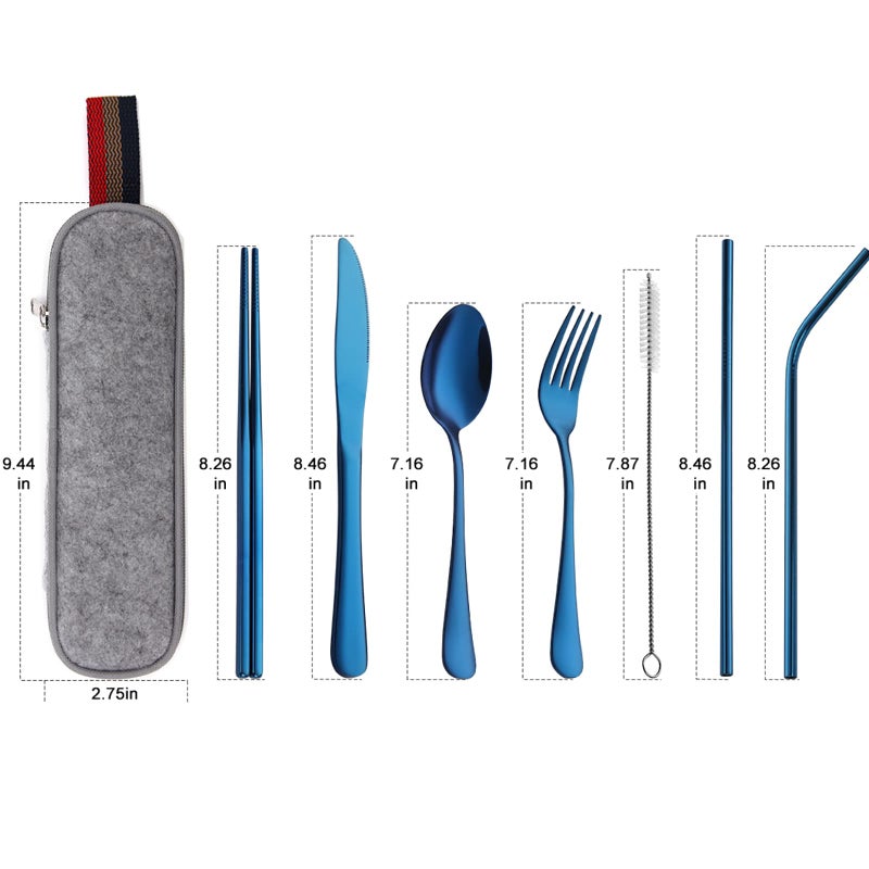 DEVICO Portable Utensils, Travel Camping Cutlery Set, 8-Piece including Knife Fork Spoon Chopsticks Cleaning Brush Straws Portable Case, Stainless Steel Flatware set (Blue) - Image 2